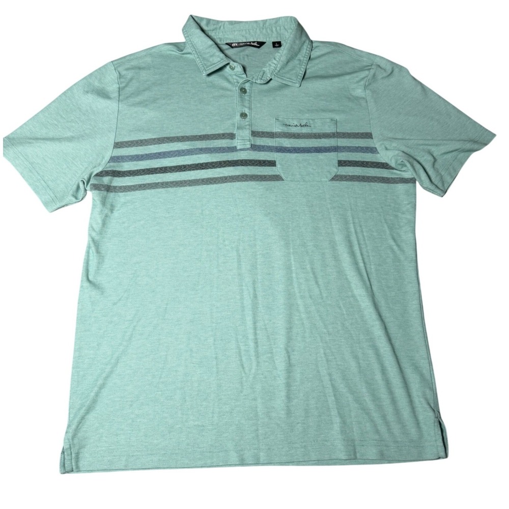 TravisMathew Mens Large Green Striped Short Sleeve Golf Polo‎ Shirt Heathered